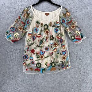 Scully Blouse Womens S White Tunic Embroidered Mesh Lined Floral 3/4 Sleeve